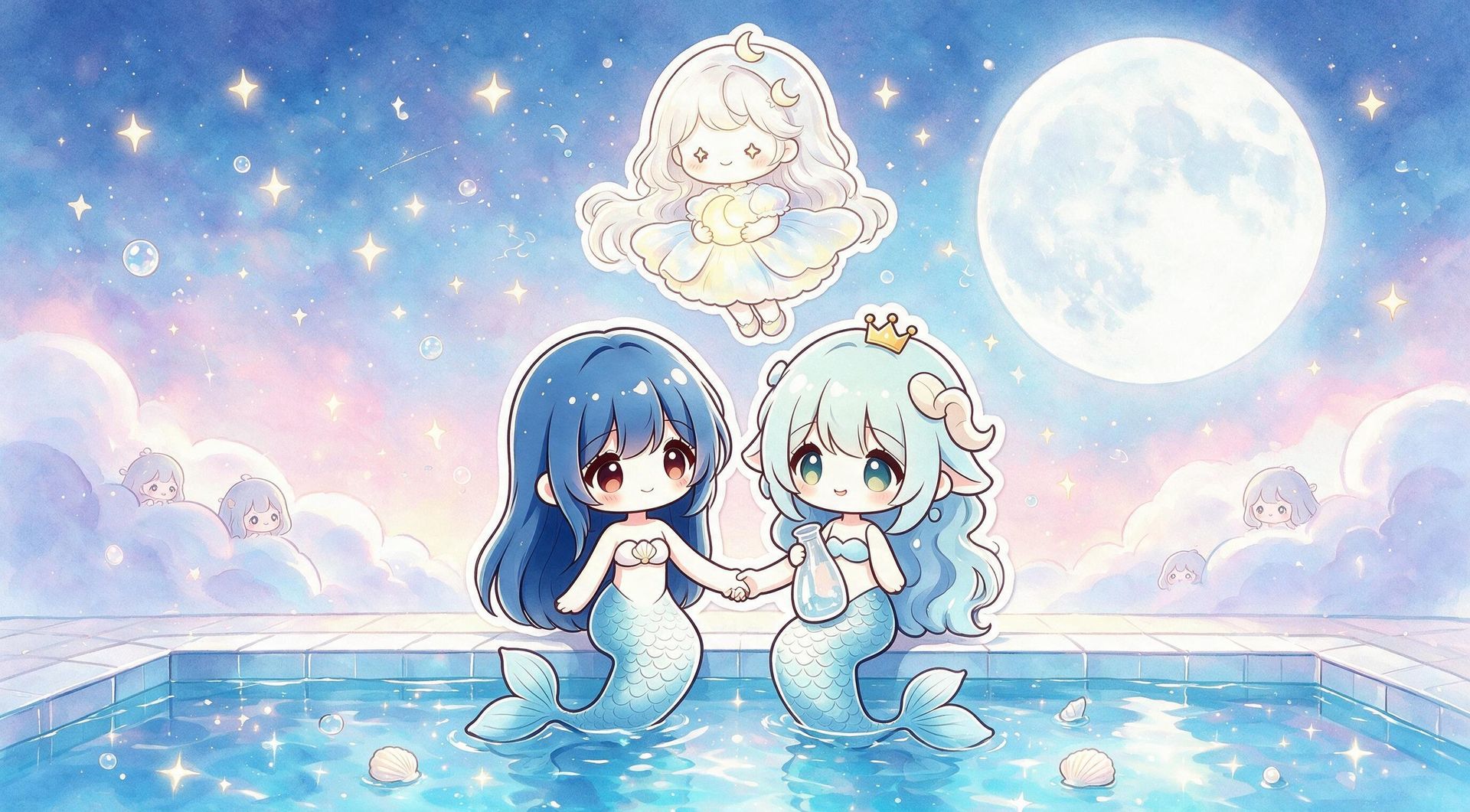 双鱼座、水瓶座和月亮姐姐在星空泳池边